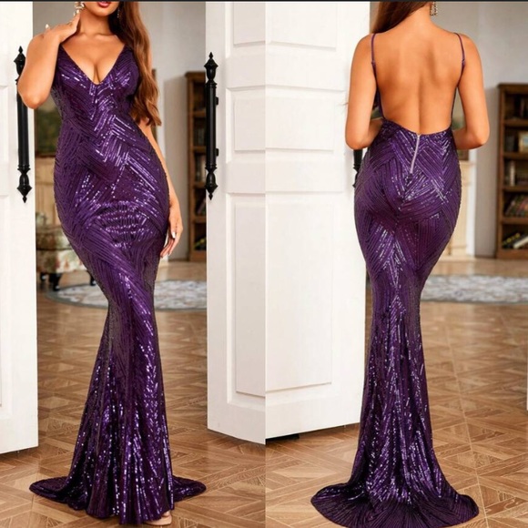 Luxe open back mermaid hem party prom wedding sequins dress - Picture 1 of 7